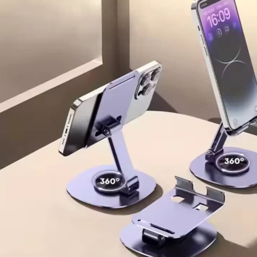 Support téléphone de bureau en métal avec base rotative à 360°